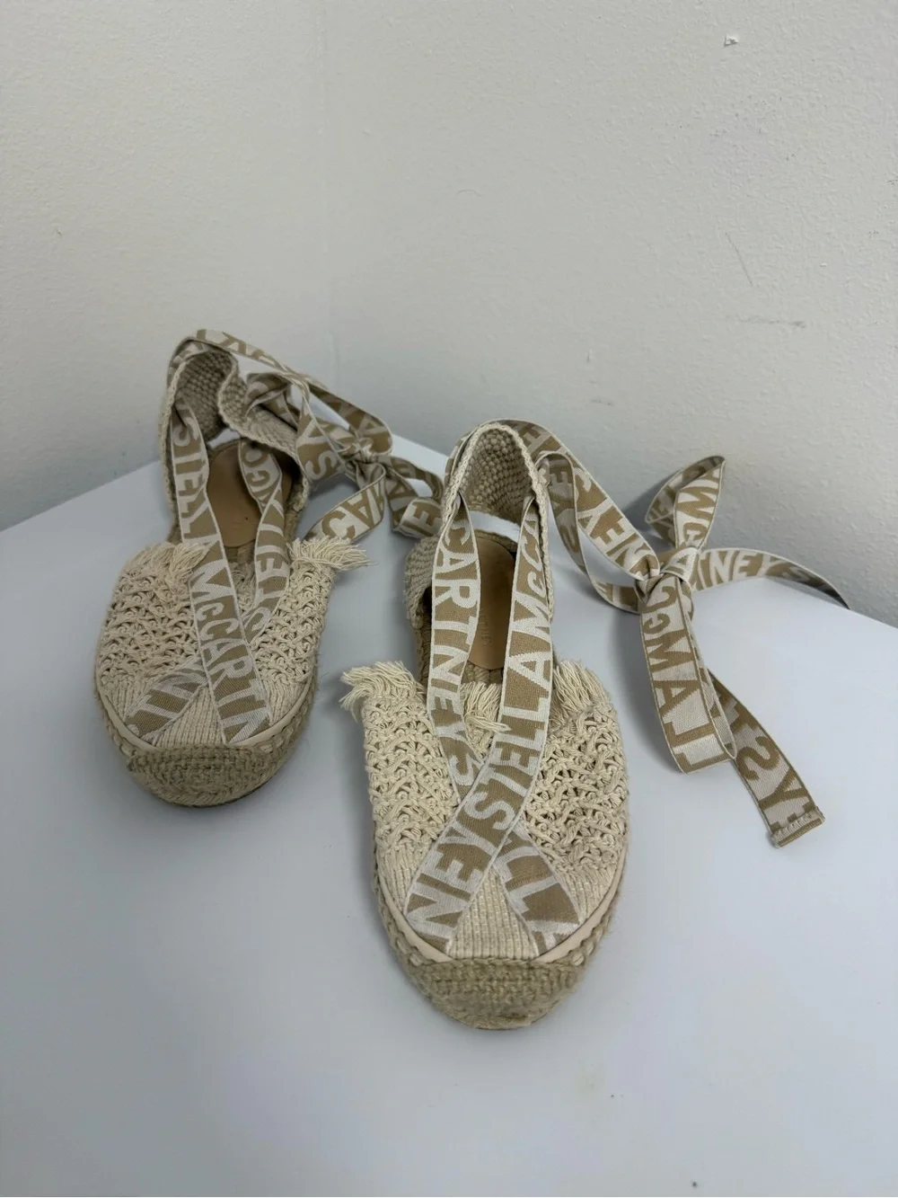 Stella McCartney Ivory Woven Espadrille Logo Ribbon Flats